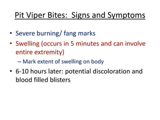 Pit Viper Bites: Signs and Symptoms
• Severe burning/ fang marks
• Swelling (occurs in 5 minutes and can involve
entire extremity)
– Mark extent of swelling on body
• 6-10 hours later: potential discoloration and
blood filled blisters
 