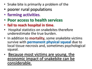 • Snake bite is primarily a problem of the
• poorer rural populations
• farming activities.
• Poor access to health services
• fail to reach hospital in time.
• Hospital statistics on snakebites therefore
underestimate the true burden.
• In addition to mortality, some snakebite victims
survive with permanent physical squeal due to
local tissue necrosis and, sometimes psychological
squeal.
• Because most victims are young, the
economic impact of snakebite can be
considerable.
 