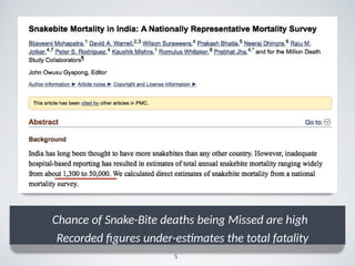 Chance of Snake-Bite deaths being Missed are high
Recorded ﬁgures under-estimates the total fatality
5
 