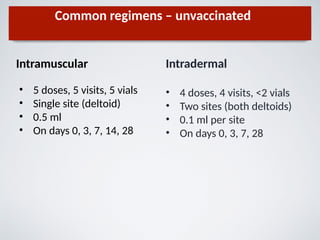 Common regimens – unvaccinated
Intramuscular Intradermal
• 4 doses, 4 visits, <2 vials
• Two sites (both deltoids)
• 0.1 ml per site
• On days 0, 3, 7, 28
• 5 doses, 5 visits, 5 vials
• Single site (deltoid)
• 0.5 ml
• On days 0, 3, 7, 14, 28
 