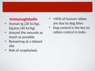 Immunoglobulin
• Human Ig (20 IU/kg),
Equine (40 IU/kg)
• Around the wounds as
much as possible
• Remaining at a distant
site
• Risk of anaphylaxis
• >90% of human rabies
are due to dog bites
• Dog control is the key to
rabies control in India
 