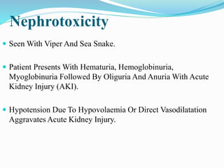 Nephrotoxicity
 Seen With Viper And Sea Snake.
 Patient Presents With Hematuria, Hemoglobinuria,
Myoglobinuria Followed By Oliguria And Anuria With Acute
Kidney Injury (AKI).
 Hypotension Due To Hypovolaemia Or Direct Vasodilatation
Aggravates Acute Kidney Injury.
 