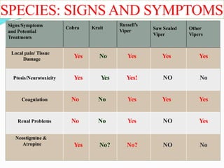 SPECIES: SIGNS AND SYMPTOMS
Signs/Symptoms
and Potential
Treatments
Cobra Krait
Russell’s
Viper Saw Scaled
Viper
Other
Vipers
Local pain/ Tissue
Damage
Yes No Yes Yes Yes
Ptosis/Neurotoxicity Yes Yes Yes! NO No
Coagulation No No Yes Yes Yes
Renal Problems No No Yes NO Yes
Neostigmine &
Atropine Yes No? No? NO No
 