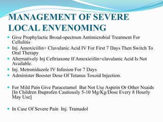 MANAGEMENT OF SEVERE
LOCAL ENVENOMING
 Give Prophylactic Broad-spectrum Antimicrobial Treatment For
Cellulitis
 Inj. Amoxiciilin+ Clavulanic Acid IV For First 7 Days Then Switch To
Oral Therapy
 Alternatively Inj Ceftriaxone If Amoxiciilin+clavulanic Acid Is Not
Available.
 Inj. Metronidazole IV Infusion For 7 Days
 Administer Booster Dose Of Tetanus Toxoid Injection.
 For Mild Pain Give Paracetamol But Not Use Aspirin Or Other Nsaids
[In Children Ibuprofen Cautiously 5-10 Mg/Kg/Dose Every 8 Hourly
May Use]
 In Case Of Severe Pain Inj. Tramadol
 