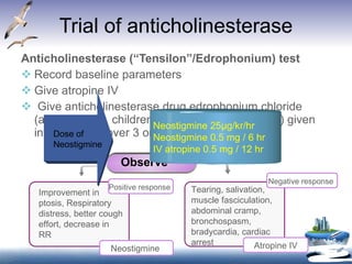 Trial of anticholinesterase Anticholinesterase (“Tensilon”/Edrophonium) test Record baseline parameters Give atropine IV Give anticholinesterase drug edrophonium chloride (adults 10 mg, children 0.25 mg/kg body weight) given intravenously over 3 or 4 minutes Observe Improvement in ptosis, Respiratory distress, better cough effort, decrease in RR Tearing, salivation, muscle fasciculation, abdominal cramp, bronchospasm, bradycardia, cardiac arrest Neostigmine  Positive response   Atropine IV Negative response   Dose of Neostigmine Neostigmine 25µg/kr/hr  Neostigmine 0.5 mg / 6 hr  IV atropine 0.5 mg / 12 hr 