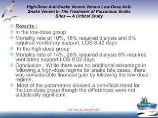High-Dose Anti-Snake Venom Versus Low-Dose Anti- Snake Venom in The Treatment of Poisonous Snake Bites — A Critical Study Results :   In the low-dose group  Mortality rate of 10%, 18% required dialysis and 6% required ventilatory support. LOS 8.42 days  In the high-dose group Mortality rate of 14%, 26% required dialysis 6% required ventilatory support.LOS 9.02 days Conclusion : While there was no additional advantage in following a high-dose regime for snake bite cases, there was considerable financial gain by following the low-dose regime, Most of the parameters showed a beneficial trend for the low-dose group though the differences were not statistically significant JAPI • VOL. 52 • JANUARY 2004 