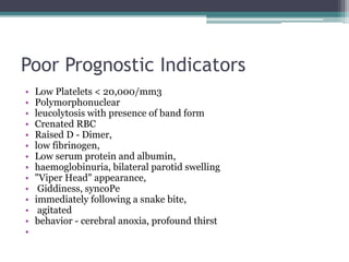 Poor Prognostic Indicators
• Low Platelets < 20,000/mm3
• Polymorphonuclear
• leucolytosis with presence of band form
• Crenated RBC
• Raised D - Dimer,
• low fibrinogen,
• Low serum protein and albumin,
• haemoglobinuria, bilateral parotid swelling
• "Viper Head" appearance,
• Giddiness, syncoPe
• immediately following a snake bite,
• agitated
• behavior - cerebral anoxia, profound thirst
•
 