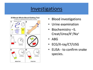 Investigations
• Blood investigations
• Urine examination
• Biochemistry –S.
Creat/Urea/K+/Na+
• ABG
• ECG/X-ray/CT/USG
• ELISA - to confirm snake
species.
 
