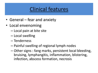 Clinical features
• General – fear and anxiety
• Local envenoming
– Local pain at bite site
– Local swelling
– Tenderness
– Painful swelling of regional lymph nodes
– Other signs : fang marks, persistent local bleeding,
bruising, lymphangitis, inflammation, blistering,
infection, abscess formation, necrosis
 