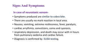 Signs And Symptoms
In case of neurotoxic venom-
• Symptoms produced are similar to cobra bite.
• There are usually no mark reaction in local area.
• Nausea, vomiting, extreme restlessness, fever, paralysis,
• cardiac arrythmia, convulsions, coma and cyanosis,
• respiratory depression, and death may occur with in hours
from pulmonary oedema and cardiac failure.
• Diagnosis is confirmed by ELISA testing.
 