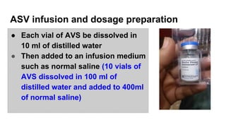 ASV infusion and dosage preparation
● Each vial of AVS be dissolved in
10 ml of distilled water
● Then added to an infusion medium
such as normal saline (10 vials of
AVS dissolved in 100 ml of
distilled water and added to 400ml
of normal saline)
 