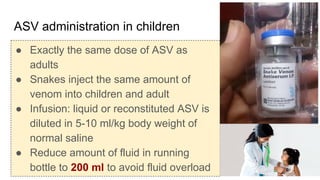 ASV administration in children
● Exactly the same dose of ASV as
adults
● Snakes inject the same amount of
venom into children and adult
● Infusion: liquid or reconstituted ASV is
diluted in 5-10 ml/kg body weight of
normal saline
● Reduce amount of fluid in running
bottle to 200 ml to avoid fluid overload
 