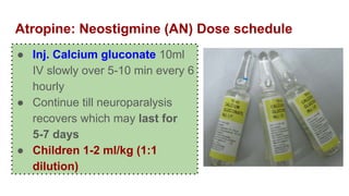 Atropine: Neostigmine (AN) Dose schedule
● Inj. Calcium gluconate 10ml
IV slowly over 5-10 min every 6
hourly
● Continue till neuroparalysis
recovers which may last for
5-7 days
● Children 1-2 ml/kg (1:1
dilution)
 