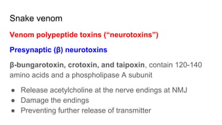 Snake venom
Venom polypeptide toxins (“neurotoxins”)
Presynaptic (β) neurotoxins
β-bungarotoxin, crotoxin, and taipoxin, contain 120-140
amino acids and a phospholipase A subunit
● Release acetylcholine at the nerve endings at NMJ
● Damage the endings
● Preventing further release of transmitter
 