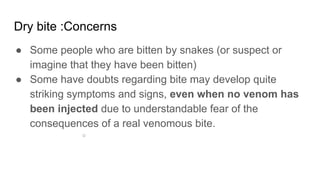 Dry bite :Concerns
● Some people who are bitten by snakes (or suspect or
imagine that they have been bitten)
● Some have doubts regarding bite may develop quite
striking symptoms and signs, even when no venom has
been injected due to understandable fear of the
consequences of a real venomous bite.
○
 