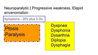 Neuroparalytic [ Progressive weakness, Elapid
envenomation
Symptoms - 2Ps plus 5 Ds
Ptosis
Paralysis
Dyspnea
Dysphonia
Dysarthria
Diplopia
Dysphagia
 