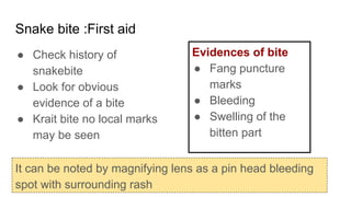 Snake bite :First aid
● Check history of
snakebite
● Look for obvious
evidence of a bite
● Krait bite no local marks
may be seen
Evidences of bite
● Fang puncture
marks
● Bleeding
● Swelling of the
bitten part
It can be noted by magnifying lens as a pin head bleeding
spot with surrounding rash
 