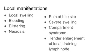 Local manifestations
● Local swelling
● Bleeding
● Blistering
● Necrosis.
● Pain at bite site
● Severe swelling
● Compartment
syndrome.
● Tender enlargement
of local draining
lymph node
 