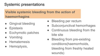 Systemic presentations
● Gingival bleeding
● Epistaxis
● Ecchymotic patches
● Vomiting
● Hematemesis
● Hemoptysis,
● Bleeding per rectum
● Subconjunctival hemorrhages
● Continuous bleeding from the
bite site
● Bleeding from pre-existing
conditions(haemorrhoids,
bleeding from freshly healed
wounds)
Visible systemic bleeding from the action of
haemorrhagins
 