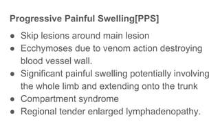 Progressive Painful Swelling[PPS]
● Skip lesions around main lesion
● Ecchymoses due to venom action destroying
blood vessel wall.
● Significant painful swelling potentially involving
the whole limb and extending onto the trunk
● Compartment syndrome
● Regional tender enlarged lymphadenopathy.
 