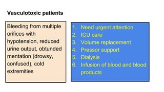 Vasculotoxic patients
Bleeding from multiple
orifices with
hypotension, reduced
urine output, obtunded
mentation (drowsy,
confused), cold
extremities
1. Need urgent attention
2. ICU care
3. Volume replacement
4. Pressor support
5. Dialysis
6. Infusion of blood and blood
products
 