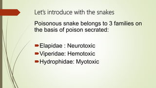 Let’s introduce with the snakes
Poisonous snake belongs to 3 families on
the basis of poison secrated:
Elapidae : Neurotoxic
Viperidae: Hemotoxic
Hydrophidae: Myotoxic
 