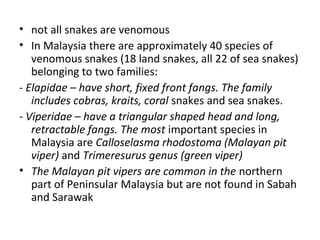 • not all snakes are venomous
• In Malaysia there are approximately 40 species of
   venomous snakes (18 land snakes, all 22 of sea snakes)
   belonging to two families:
- Elapidae – have short, fixed front fangs. The family
   includes cobras, kraits, coral snakes and sea snakes.
- Viperidae – have a triangular shaped head and long,
   retractable fangs. The most important species in
   Malaysia are Calloselasma rhodostoma (Malayan pit
   viper) and Trimeresurus genus (green viper)
• The Malayan pit vipers are common in the northern
   part of Peninsular Malaysia but are not found in Sabah
   and Sarawak
 
