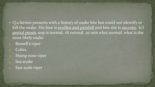  Q.a farmer presents with a history of snake bite but could not identify or
kill the snake. His foot is swollen and painfull and bite site is necrotic. b/l
partial ptosis. uop is normal. rft normal. 20 min wbct normal. what is the
most likely snake
1. Russell’s viper
2. Cobra
3. Hump nose viper
4. Sea snake
5. Saw scale viper
 