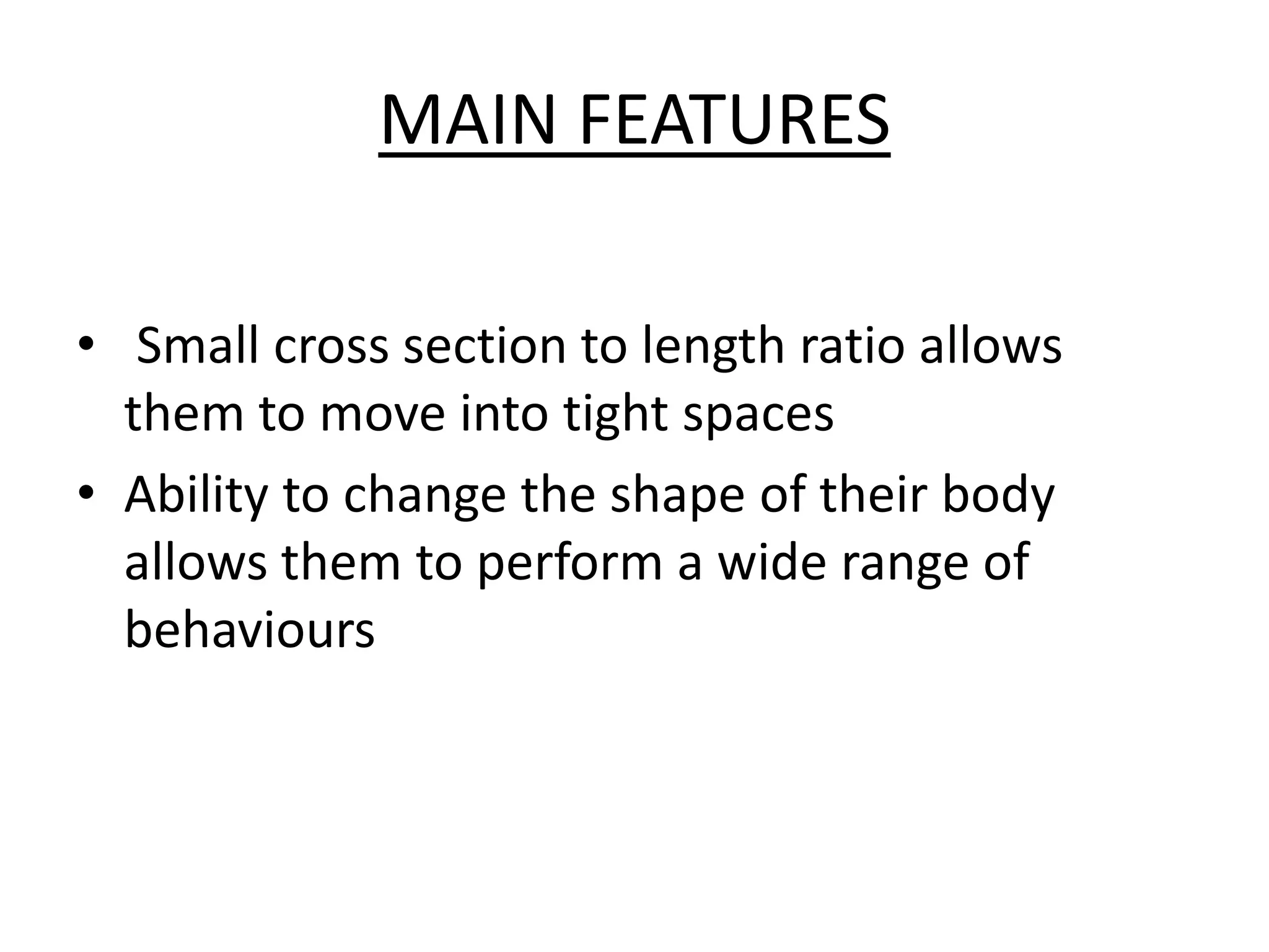 MAIN FEATURES
• Small cross section to length ratio allows
them to move into tight spaces
• Ability to change the shape of their body
allows them to perform a wide range of
behaviours
 