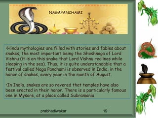 NAGAPANCHAMI




•Hindu mythologies are filled with stories and fables about
snakes, the most important being the Sheshnaga of Lord
Vishnu (it is on this snake that Lord Vishnu reclines while
sleeping in the sea). Thus, it is quite understandable that a
festival called Naga Panchami is observed in India, in the
honor of snakes, every year in the month of August.

•In India, snakes are so revered that temples have also
been erected in their honor. There is a particularly famous
one in Mysore, at a place called Subramania


                 prabhadiwakar                   19
 