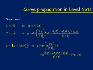 Curve propagation in Level Sets
Some flows

Ct


VN

Ct


N

Ct

g

t

t

 
g, N N

V
2
xx y

div

t

2

xy x y
2
2
x
y

2
yy x

div g
g

2
xx y

2

xy x y
2
2
x
y

2
yy x

g,

 