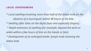 41
LOCAL ENVENOMING
* Local swelling involving more than half of the bitten limb (in the
absence of a tourniquet) within 48 hours of the bite.
* Swelling after bites on the digits (toes and especially fingers).
* Rapid extension of swelling (for example, beyond the wrist or
ankle within a few hours of bite on the hands or feet).
* Development of an enlarged tender lymph node draining the
bitten limb
 