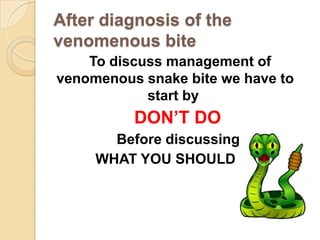 After diagnosis of the
venomenous bite
To discuss management of
venomenous snake bite we have to
start by
DON’T DO
Before discussing
WHAT YOU SHOULD DO

 