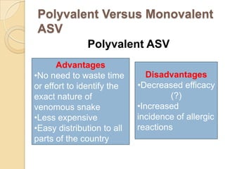 Polyvalent Versus Monovalent
ASV
Polyvalent ASV
Advantages
•No need to waste time
or effort to identify the
exact nature of
venomous snake
•Less expensive
•Easy distribution to all
parts of the country
Disadvantages
•Decreased efficacy
(?)
•Increased
incidence of allergic
reactions
 