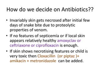 How do we decide on Antibiotics??
• Invariably skin gets necrosed after initial few
days of snake bite due to proteolytic
properties of venom.
• If no features of septicemia or if local skin
appears relatively healthy amoxyclav or
ceftriaxone or ciprofloxacin is enough.
• If skin shows necrotising features or child is
very toxic then Cloxacillin (or piptaz )+
amikacin + metronidazole can be added.
 