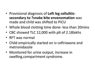 • Provisional diagnosis of Left leg cellulitis-
secondary to ?snake bite envenomation was
made and child was shifted to PICU
• Whole blood clotting time done- less than 20mins
• CBC showed TLC 12,000 with plt of 2.18lakhs
• RFT was normal
• Child empirically started on iv ceftriaxone and
metronidazole
• Monitored for urine output, increase in
swelling,compartment syndrome.
 