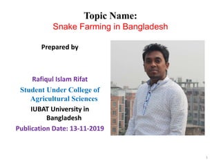 Topic Name:
Snake Farming in Bangladesh
Prepared by
Rafiqul Islam Rifat
Student Under College of
Agricultural Sciences
IUBAT University in
Bangladesh
Publication Date: 13-11-2019
1
 