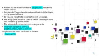 • First of all, we must include the "graphics.h" header file
in our source
• Program GCC compiler doesn't provides inbuilt facility to
run graphics.h library.
• So you are not able to run graphics in C language.
• The initgraph function is used to switch the output from
text mode to graphics mode.
• The initgraph function takes three arguments:
• intigraph(&graphics_driver,&
graphics_mode,Path_to_driver);
Graphics mode must be closed at the end
• closegraph();
10
 