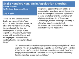 Snake Handlers Hang On in Appalachian Churches
Brian Handwerk
for National Geographic News
April 7, 2003
"There are over 100 documented
deaths from serpent bites," said
Hood. "In every tradition, people are
bitten and maimed by them. They
risk their lives all the time by
handling them. If you go to any
serpent-handling church, you'll see
people with atrophied hands, and
missing fingers. All the serpenthandling families have suffered such
things."

The practice began in the early 1900s. Its
popularity has waxed and waned through the
years. According to Ralph Hood, a professor
of social psychology and the psychology of
religion at the University of Tennessee,
Chattanooga , serpent handling is currently at
a fairly low ebb of popularity. Such
fluctuations are characteristic of a faith that
persists throughout Appalachia.

"It's a misconception that these people believe they won't get hurt," Hood
explains. "The Bible says to take up serpents, not that they won't be bitten.
If they're bit, that's up to God. The issue is obedience to God. There's no
magic power type of stuff. They know the reality of it because so many
families have had people hurt and killed."

 