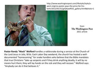 http://www.washingtonpost.com/lifestyle/style/awest-virginia-pastor-pays-the-price-for-hisfaith/2012/05/31/gJQAawRl5U_gallery.html#photo=1

from
2011 article

Pastor Randy "Mack" Wolford handles a rattlesnake during a service at the Church of
the Lord Jesus in Jolo, W.Va. Each Labor Day weekend, the church has hosted a welldocumented “homecoming” for snake handlers who believe that the Bible mandates
that true Christians "take up serpents and if they drink anything deadly, it will by no
means hurt them; they will lay hands on the sick and they will recover." Wolford says:
"Anybody can do it that believes it."

 