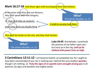 Mark 16:17-18

And these signs shall accompany them that believe:

in my name shall they cast out demons;
they shall speak with new tongues;

Who?
The eleven disciples, vs. 15

18 they shall take up serpents,

it shall in no wise hurt them
and if they drink any deadly thing

they shall lay hands on the sick, and they shall recover.

Who?
The eleven disciples, vs. 15

2 Corinthians 12:11-12

Luke 24:49 And behold, I send forth
the promise of my Father upon you:
but tarry ye in the city, until ye be
clothed with power from on high.

I am become foolish: ye compelled me; for I ought to
have been commended of you: for in nothing was I behind the very chiefest apostles,
though I am nothing. 12 Truly the signs of an apostle were wrought among you in all
patience, by signs and wonders and mighty works.

 