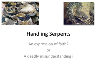 Handling Serpents
An expression of faith?
or
A deadly misunderstanding?

 