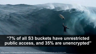 “7% of all S3 buckets have unrestricted
public access, and 35% are unencrypted”
SkyHigh Networks (now McAfee) September 2017… before Amazon changed policy settings to proactively warn users of public buckets
 