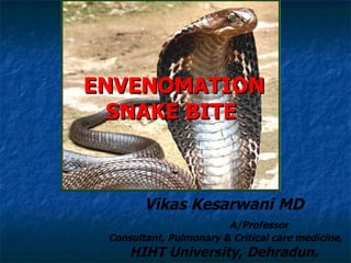 ENVENOMATION SNAKE BITE  Vikas Kesarwani MD A/Professor  Consultant, Pulmonary & Critical care medicine, HIHT University, Dehradun. 