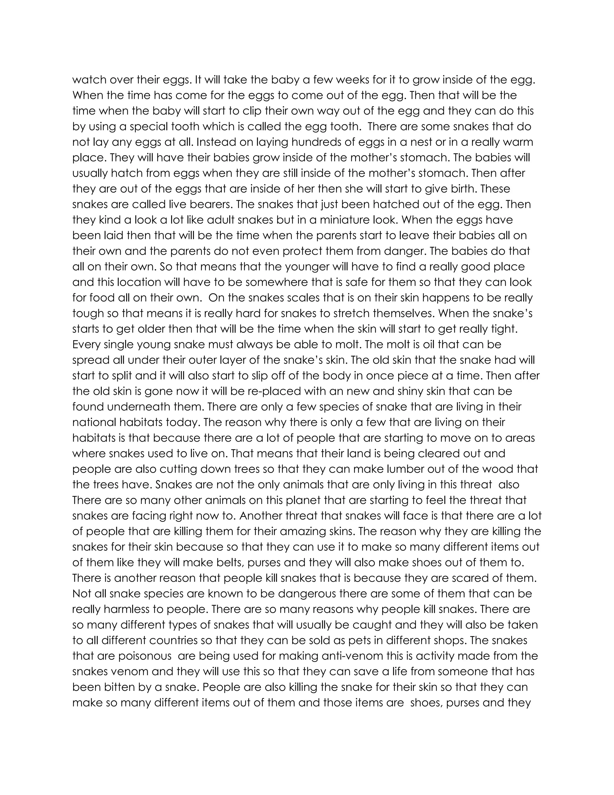 watch over their eggs. It will take the baby a few weeks for it to grow inside of the egg.
When the time has come for the eggs to come out of the egg. Then that will be the
time when the baby will start to clip their own way out of the egg and they can do this
by using a special tooth which is called the egg tooth. There are some snakes that do
not lay any eggs at all. Instead on laying hundreds of eggs in a nest or in a really warm
place. They will have their babies grow inside of the mother’s stomach. The babies will
usually hatch from eggs when they are still inside of the mother’s stomach. Then after
they are out of the eggs that are inside of her then she will start to give birth. These
snakes are called live bearers. The snakes that just been hatched out of the egg. Then
they kind a look a lot like adult snakes but in a miniature look. When the eggs have
been laid then that will be the time when the parents start to leave their babies all on
their own and the parents do not even protect them from danger. The babies do that
all on their own. So that means that the younger will have to find a really good place
and this location will have to be somewhere that is safe for them so that they can look
for food all on their own. On the snakes scales that is on their skin happens to be really
tough so that means it is really hard for snakes to stretch themselves. When the snake’s
starts to get older then that will be the time when the skin will start to get really tight.
Every single young snake must always be able to molt. The molt is oil that can be
spread all under their outer layer of the snake’s skin. The old skin that the snake had will
start to split and it will also start to slip off of the body in once piece at a time. Then after
the old skin is gone now it will be re-placed with an new and shiny skin that can be
found underneath them. There are only a few species of snake that are living in their
national habitats today. The reason why there is only a few that are living on their
habitats is that because there are a lot of people that are starting to move on to areas
where snakes used to live on. That means that their land is being cleared out and
people are also cutting down trees so that they can make lumber out of the wood that
the trees have. Snakes are not the only animals that are only living in this threat also
There are so many other animals on this planet that are starting to feel the threat that
snakes are facing right now to. Another threat that snakes will face is that there are a lot
of people that are killing them for their amazing skins. The reason why they are killing the
snakes for their skin because so that they can use it to make so many different items out
of them like they will make belts, purses and they will also make shoes out of them to.
There is another reason that people kill snakes that is because they are scared of them.
Not all snake species are known to be dangerous there are some of them that can be
really harmless to people. There are so many reasons why people kill snakes. There are
so many different types of snakes that will usually be caught and they will also be taken
to all different countries so that they can be sold as pets in different shops. The snakes
that are poisonous are being used for making anti-venom this is activity made from the
snakes venom and they will use this so that they can save a life from someone that has
been bitten by a snake. People are also killing the snake for their skin so that they can
make so many different items out of them and those items are shoes, purses and they
 