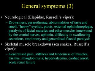 General symptoms (3) Neurological (Elapidae, Russell’s viper):  Drowsiness, paraesthesiae, abnormalities of taste and smell, “heavy” eyelids, ptosis, external ophthalmoplegia, paralysis of facial muscles and other muscles innervated by the cranial nerves, aphonia, difficulty in swallowing secretions, respiratory and generalised flaccid paralysis Skeletal muscle breakdown (sea snakes, Russell’s viper):  Generalised pain, stiffness and tenderness of muscles, trismus, myoglobinuria, hyperkalaemia, cardiac arrest, acute renal failure 