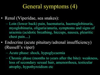 General symptoms (4) Renal (Viperidae, sea snakes):  Loin (lower back) pain, haematuria, haemoglobinuria, myoglobinuria, oliguria/anuria, symptoms and signs of uraemia (acidotic breathing, hiccups, nausea, pleuritic chest pain....) Endocrine (acute pituitary/adrenal insufficiency) (Russell’s viper) Acute phase: shock, hypoglycaemia Chronic phase (months to years after the bite): weakness, loss of secondary sexual hair, amenorrhoea, testicular atrophy, hypothyroidism etc 