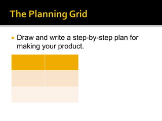  Draw and write a step-by-step plan for
making your product.

 
