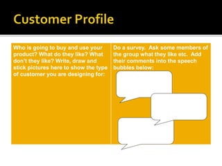 Who is going to buy and use your
product? What do they like? What
don’t they like? Write, draw and
stick pictures here to show the type
of customer you are designing for:
Do a survey. Ask some members of
the group what they like etc. Add
their comments into the speech
bubbles below:
 