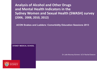 SYDNEY MEDICAL SCHOOL
Analysis of Alcohol and Other Drugs
and Mental Health Indicators in the
Sydney Women and Sexual Health (SWASH) survey
(2006, 2008, 2010, 2012)
ACON Snakes and Ladders: Comorbidity Education Sessions 2013
Dr Julie Mooney-Somers & Dr Rachel Deacon
 